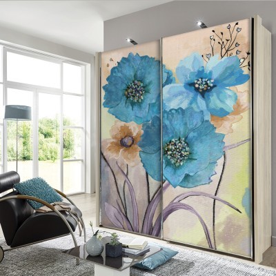 Μπλε λουλούδια, Line Art, Αυτοκόλλητα ντουλάπας, 100 x 100 εκ. (45493)